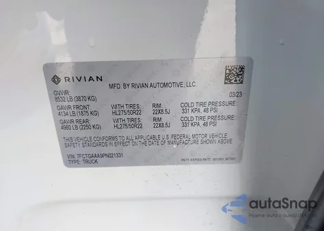 2023 Rivian R1T Adventure Quad Motor Large Pack from USA, damaged, VIN 7FCTGAAA9PN021331